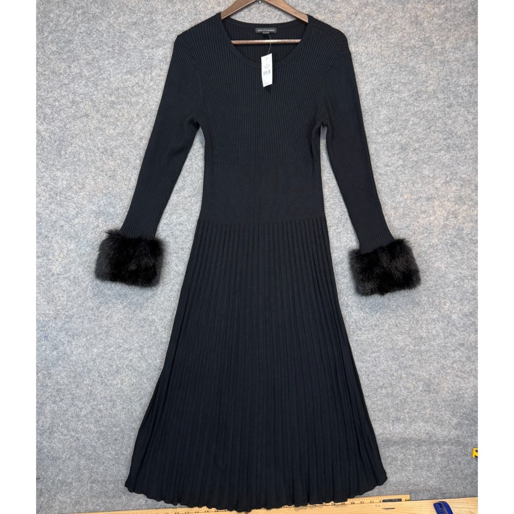 Saks Fifth Avenue Faux Fur Cuff Dress Womens Large Black Ribbed Fit Flare Knit